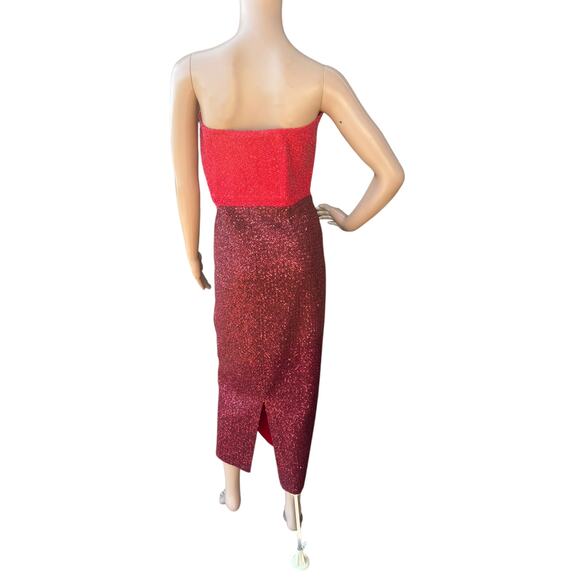 St. John Fall 2022 Red Sequin Strapless Midi Dress Gown Sz 12 Sweetheart Boning - Picture 3 of 12